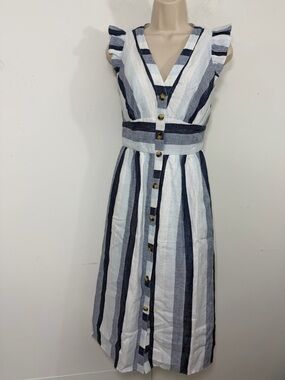 J. Crew Point Sur Women's Size 00 100% Linen Blue & White Stripe Midi Dress NWT